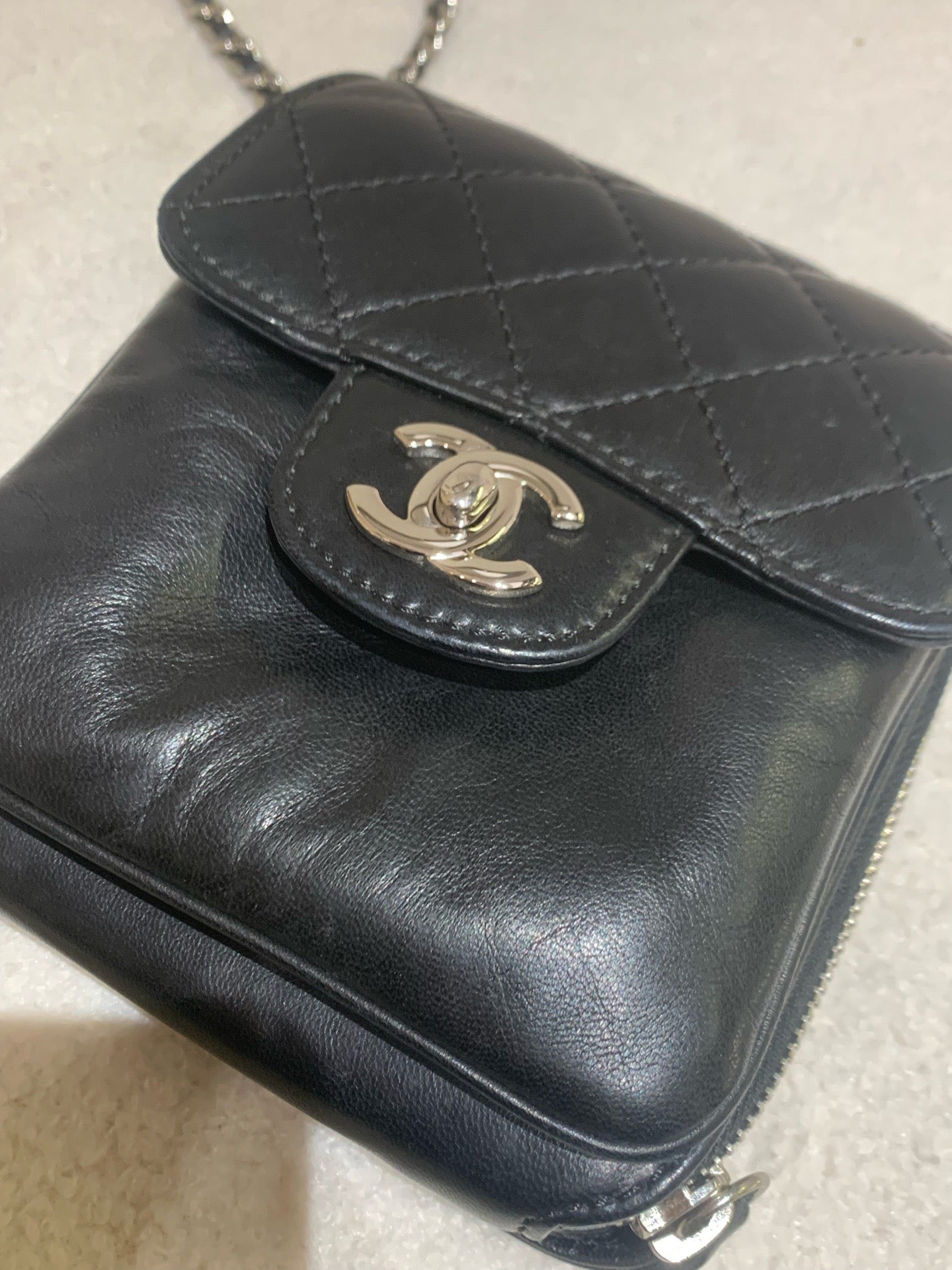 Chanel - Square Mini Flap Bag with Side Zipper - Lambskin leather - Black with Silver-Tone Hardware - (mini)