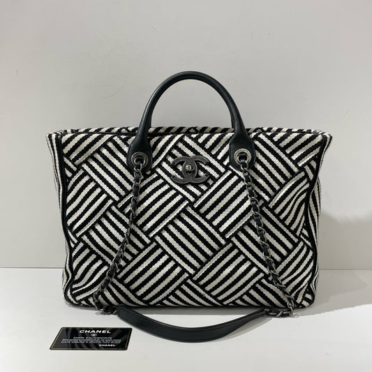 Chanel - Striped Patchwork Tote Handbag - Canvas and Leather - Black and White with Silver-Tone Hardware - (large)