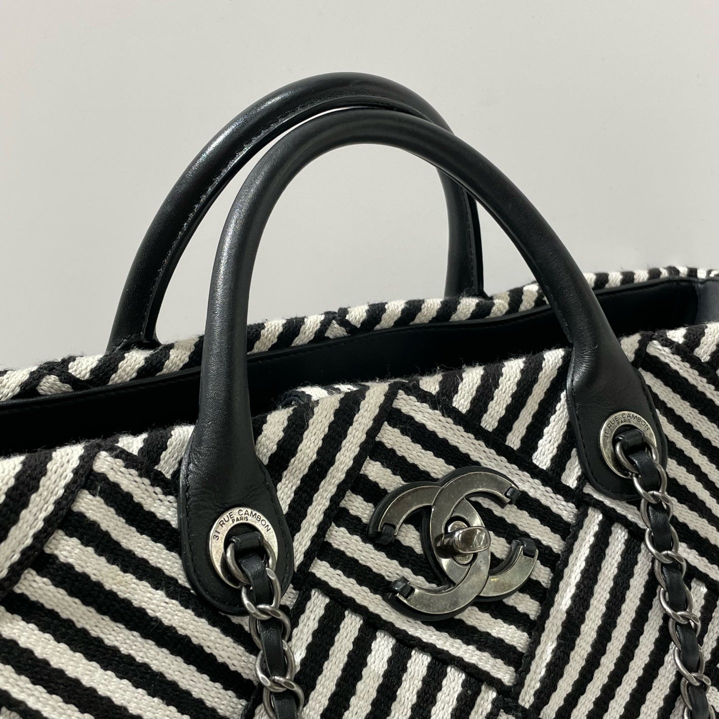 Chanel - Striped Patchwork Tote Handbag - Canvas and Leather - Black and White with Silver-Tone Hardware - (large)