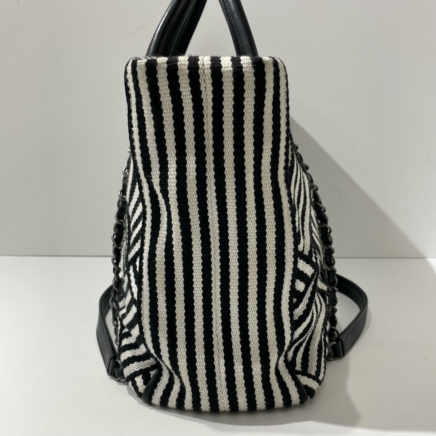Chanel - Striped Patchwork Tote Handbag - Canvas and Leather - Black and White with Silver-Tone Hardware - (large)