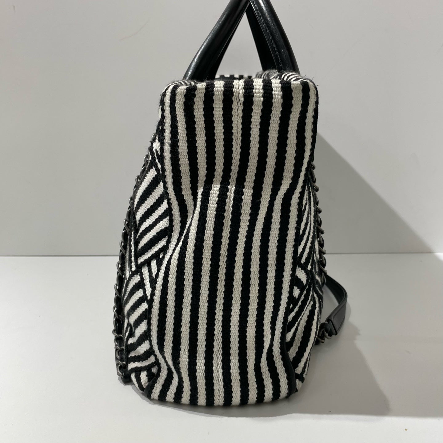 Chanel - Striped Patchwork Tote Handbag - Canvas and Leather - Black and White with Silver-Tone Hardware - (large)