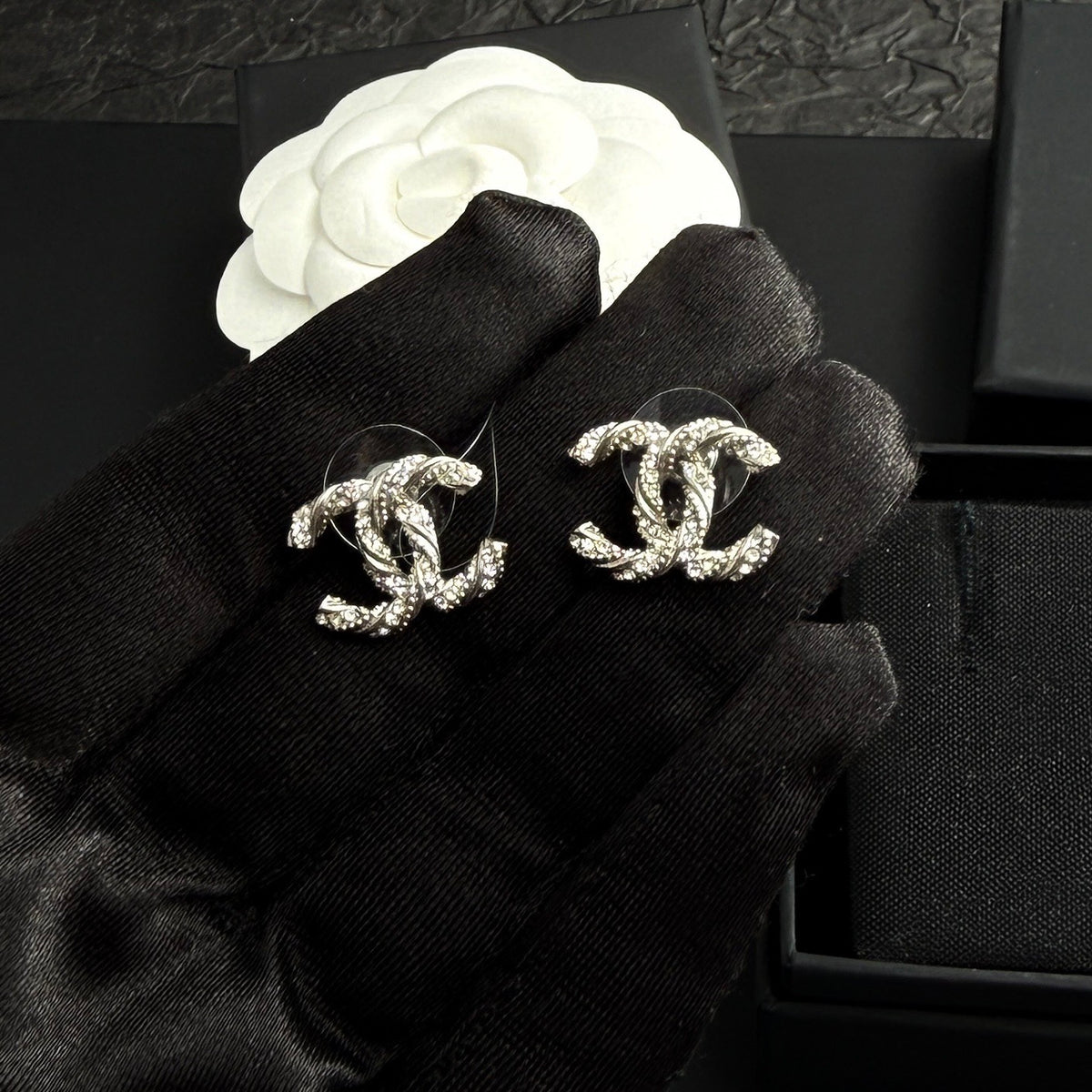 Chanel - Twisted CC Stud Earrings 14V - Silver-tone metal with crystal embellishments - Silver