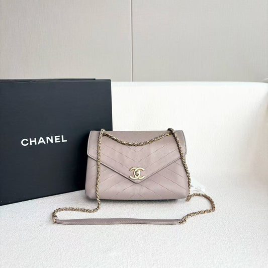 Chanel - V-Quilted Accordion Bag - Leather - Grey-purple with Gold-Tone Hardware - (Small)