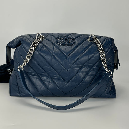 Chanel - V-Quilted Bowling Bag - Aged calfskin leather - Navy Blue with Silver-Tone Hardware - (Large)