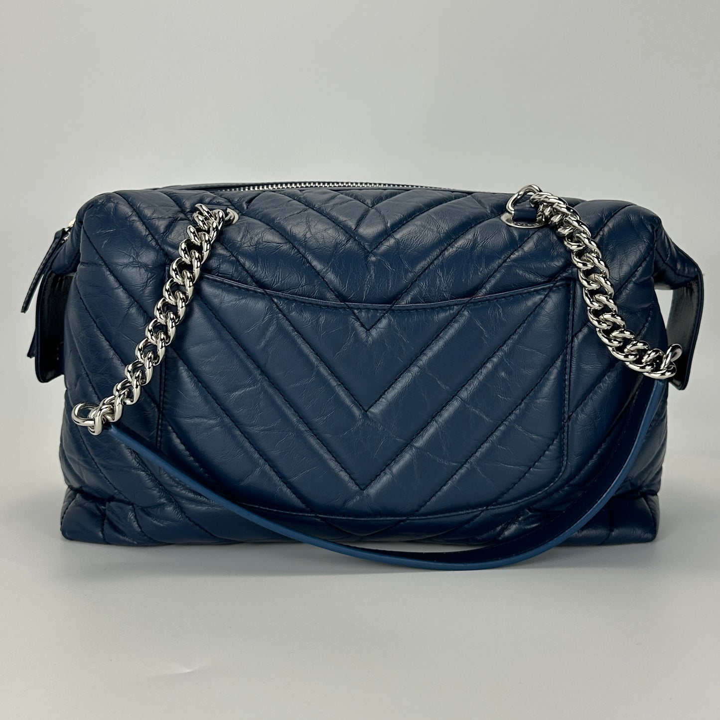 Chanel - V-Quilted Bowling Bag - Aged calfskin leather - Navy Blue with Silver-Tone Hardware - (Large)