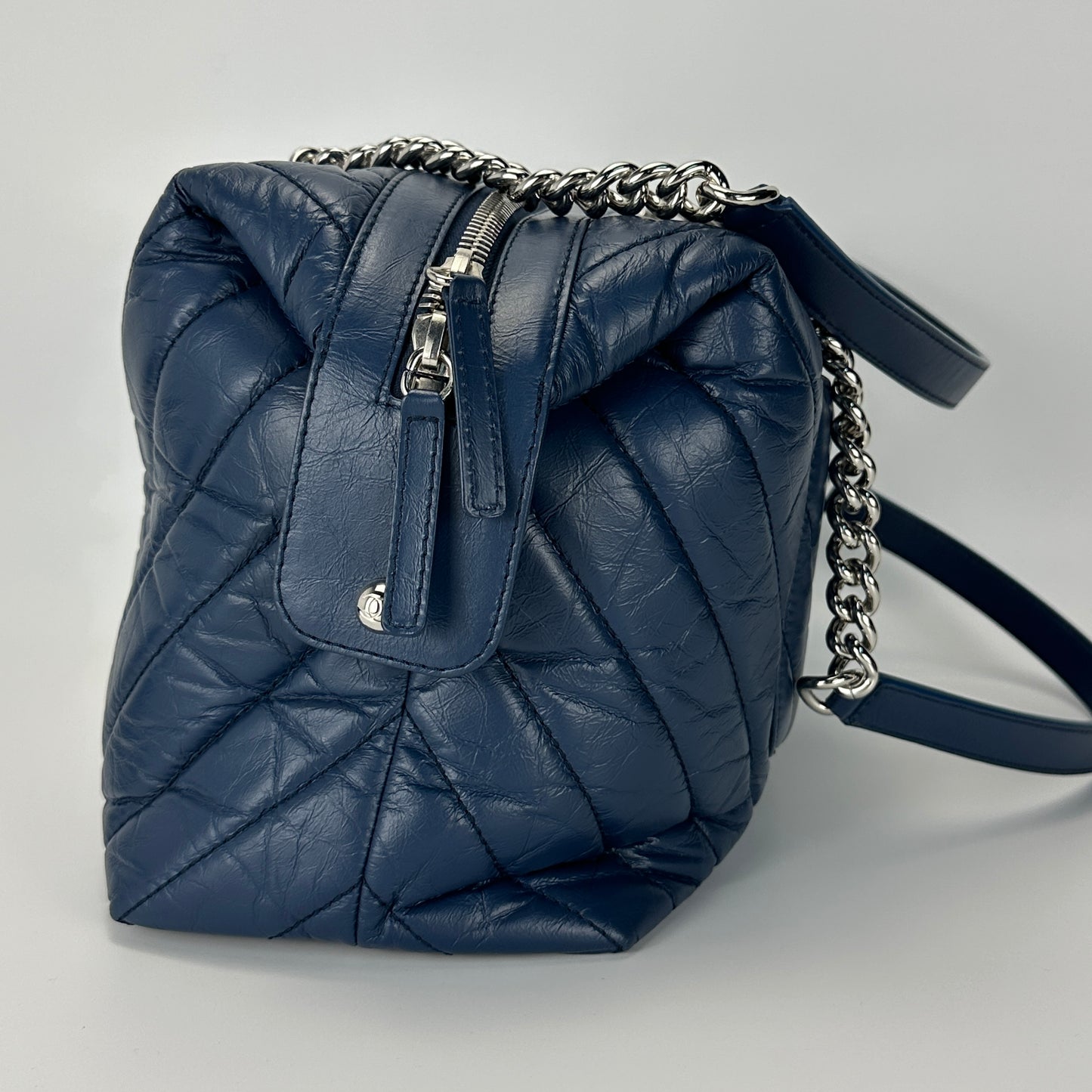 Chanel - V-Quilted Bowling Bag - Aged calfskin leather - Navy Blue with Silver-Tone Hardware - (Large)
