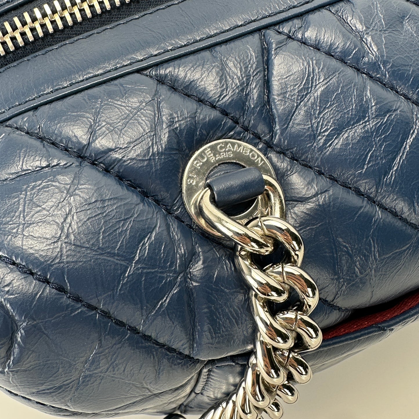 Chanel - V-Quilted Bowling Bag - Aged calfskin leather - Navy Blue with Silver-Tone Hardware - (Large)