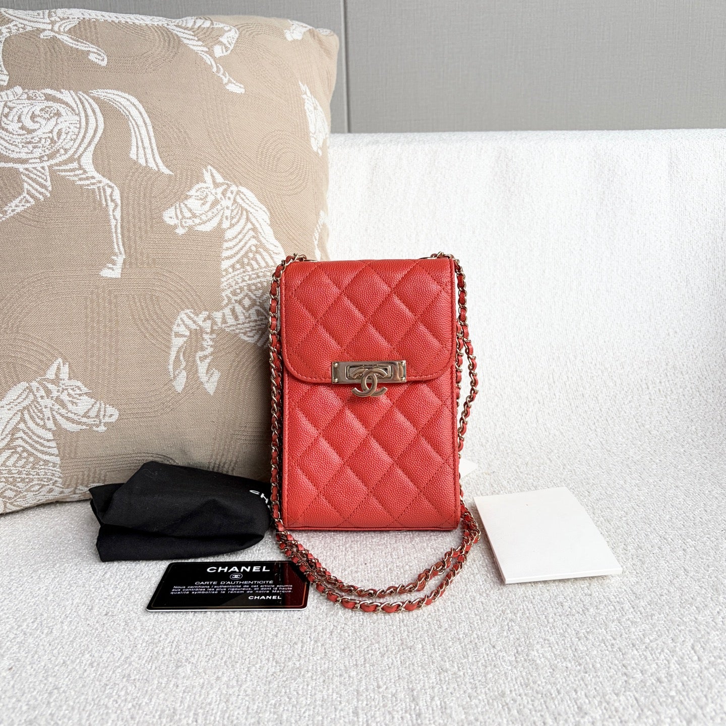 Chanel - Vertical Phone Holder with Chain - Grained calfskin leather - Orange - (mini)