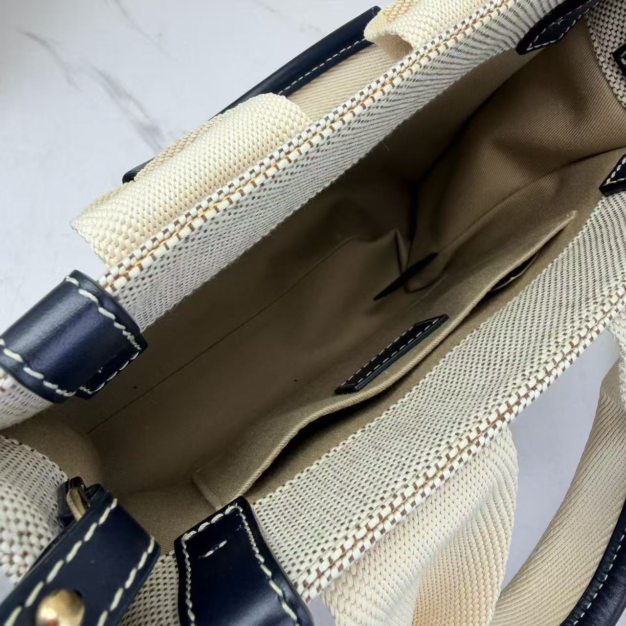 Chloe - Woody - Canvas with leather trim - Beige with dark blue accents - (Small)