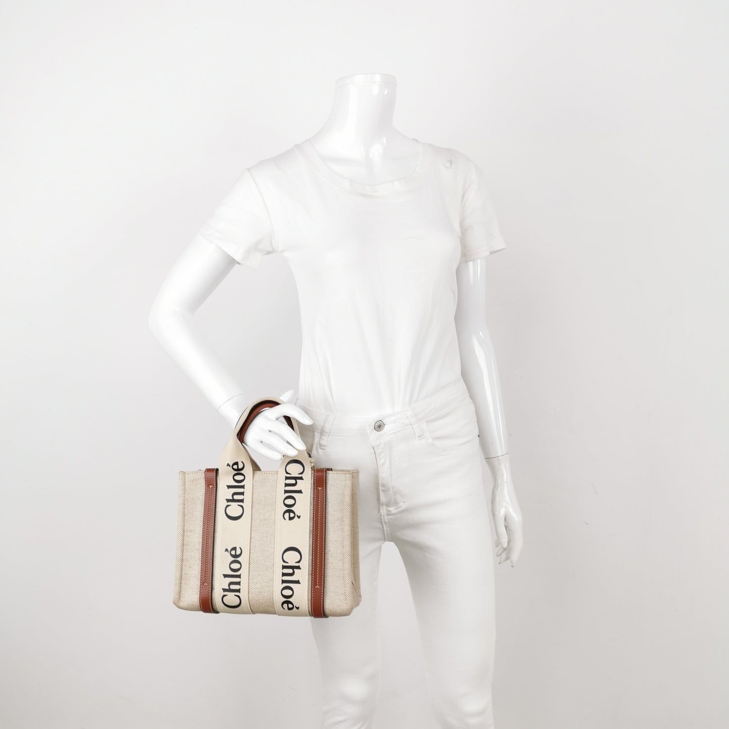 Chloé - Woody Small Tote Bag - Canvas with Leather Trim - Beige - (Small)