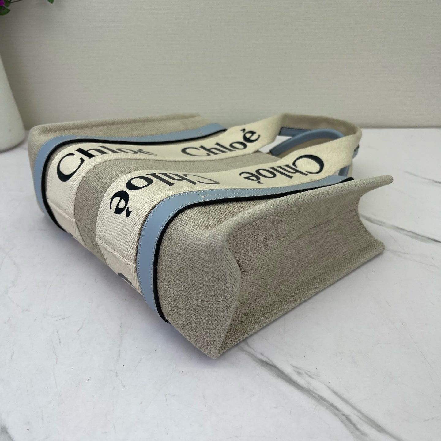 Chloe - Woody Small Tote - Canvas with leather trim - Beige with Light Blue Accents - (Small)