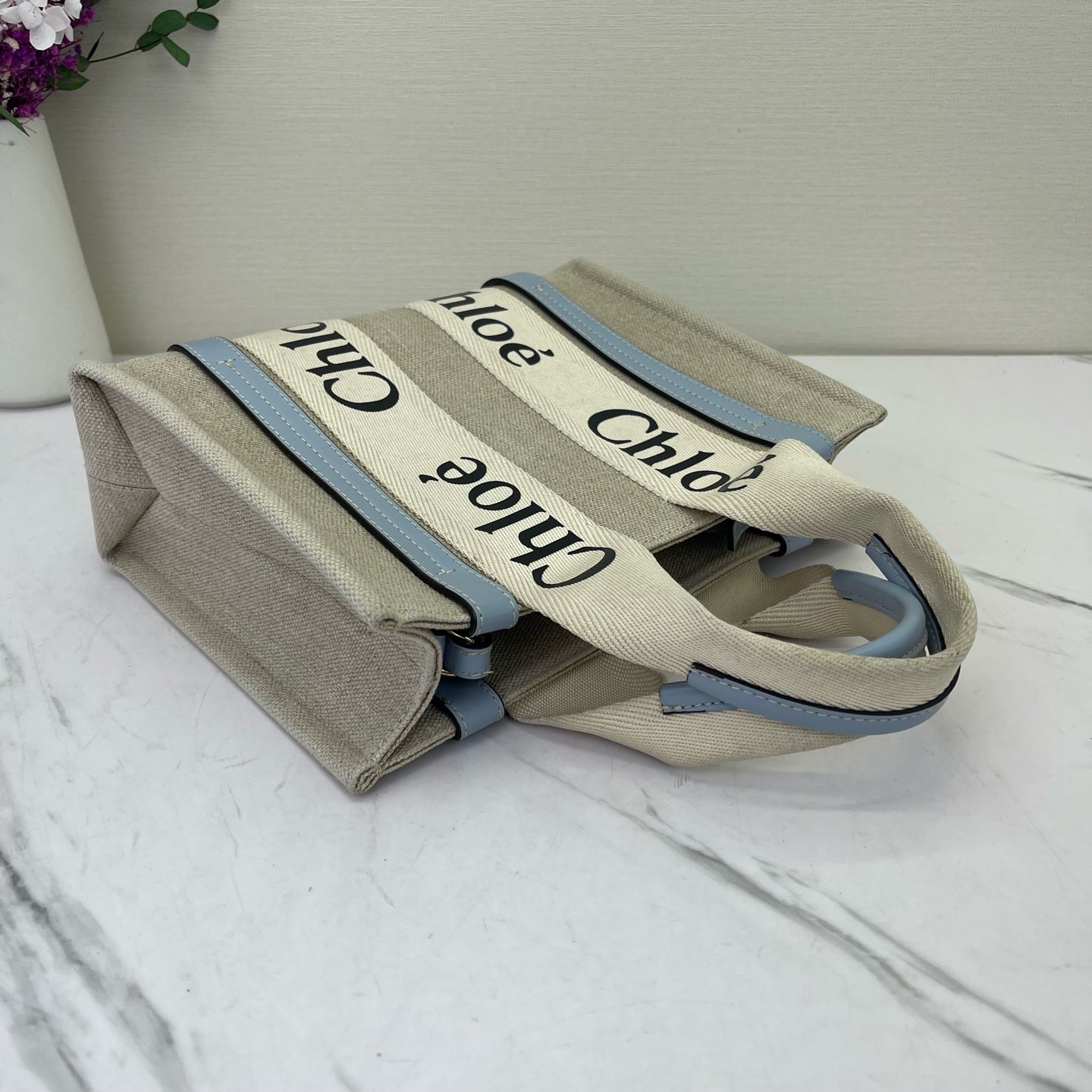 Chloe - Woody Small Tote - Canvas with leather trim - Beige with Light Blue Accents - (Small)
