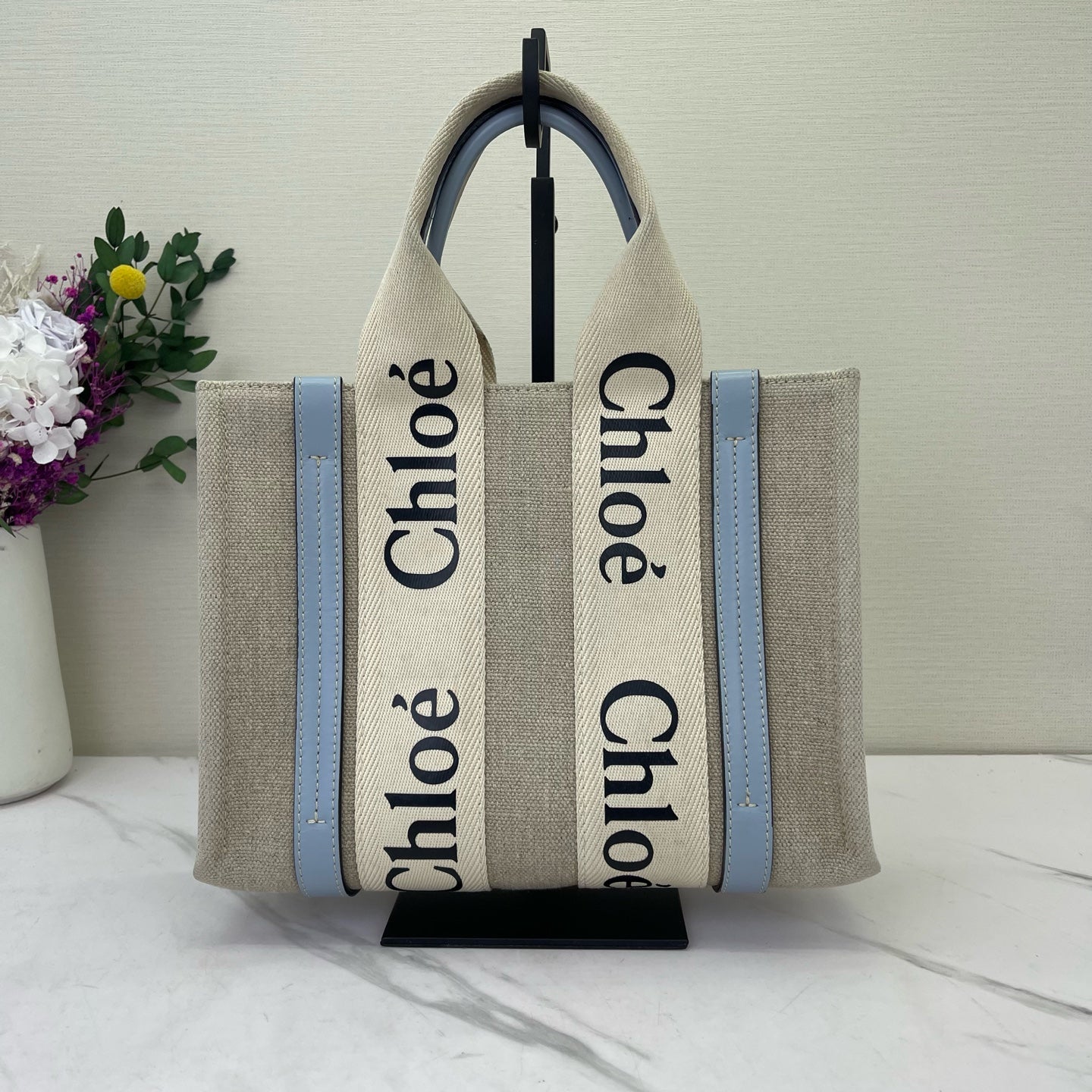 Chloe - Woody Small Tote - Canvas with leather trim - Beige with Light Blue Accents - (Small)