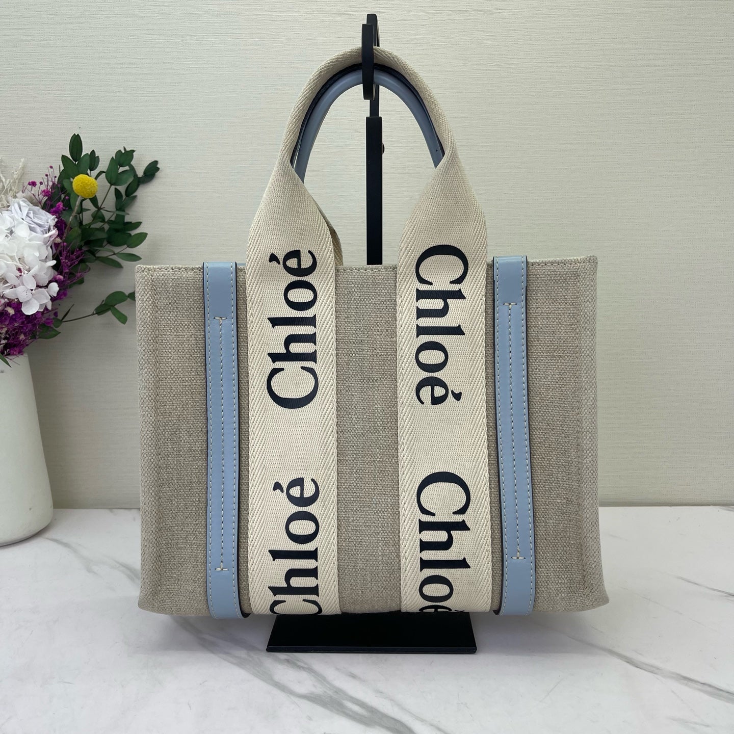 Chloe - Woody Small Tote - Canvas with leather trim - Beige with Light Blue Accents - (Small)