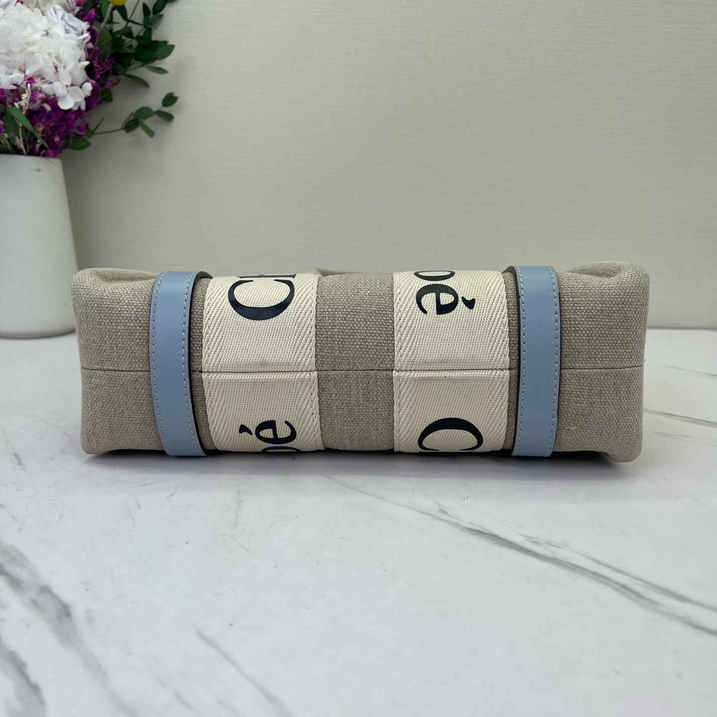 Chloe - Woody Small Tote - Canvas with leather trim - Beige with Light Blue Accents - (Small)