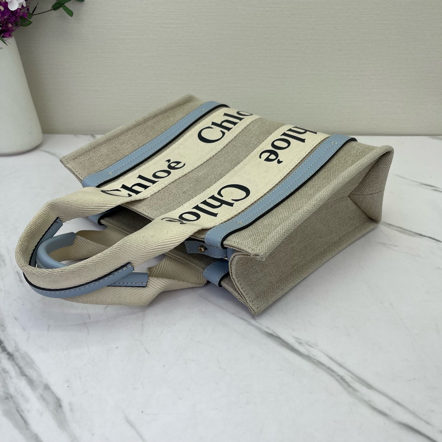 Chloe - Woody Small Tote - Canvas with leather trim - Beige with Light Blue Accents - (Small)