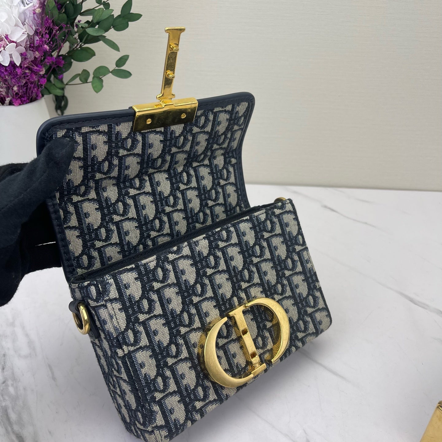 Dior - 30 Montaigne Box Bag - Jacquard canvas and cowhide leather - Navy and Beige - (mini)