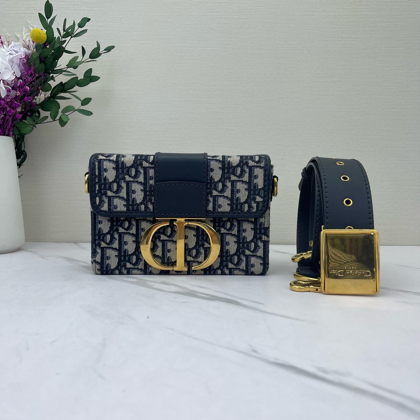 Dior - 30 Montaigne Box Bag - Jacquard canvas and cowhide leather - Navy and Beige - (mini)
