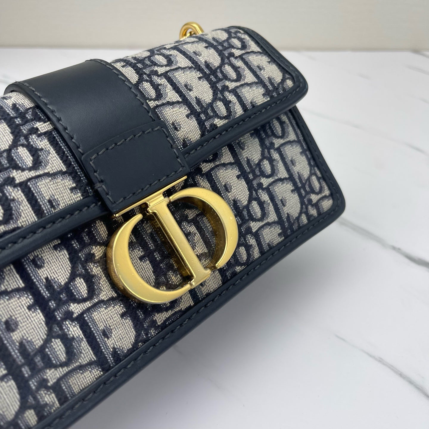 Dior - 30 Montaigne East-West - Oblique embroidered canvas with calfskin leather trim - Navy and Beige - (small)