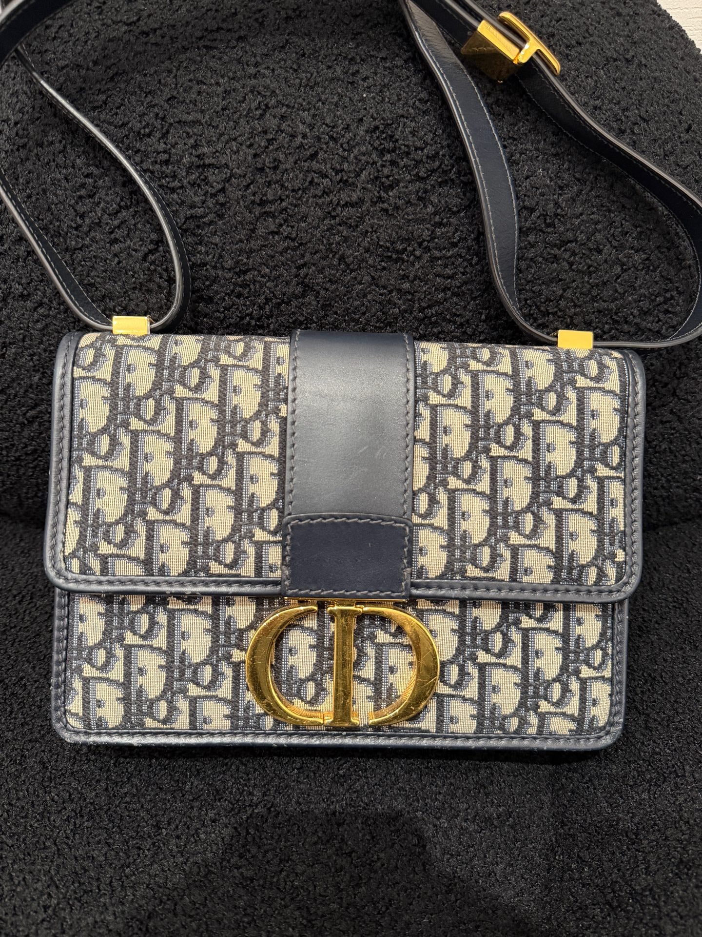 Dior - 30 Montaigne Flap Bag - Dior Oblique jacquard canvas with leather trim - Navy Blue and Beige - (medium)