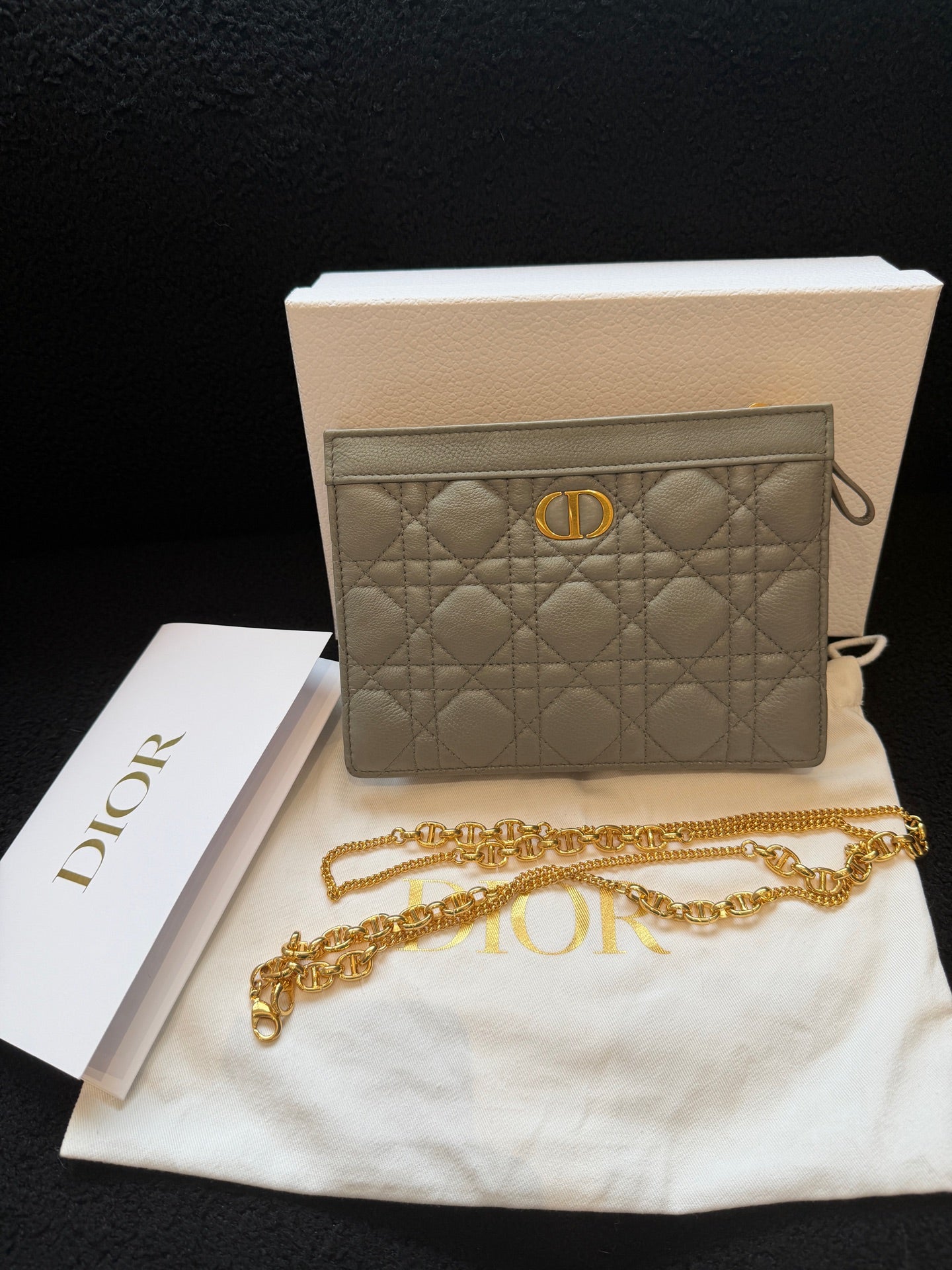 Dior - Caro Chain Pouch - Grained calfskin leather - Cloud Mist Blue with Gold-Tone Hardware - (mini)