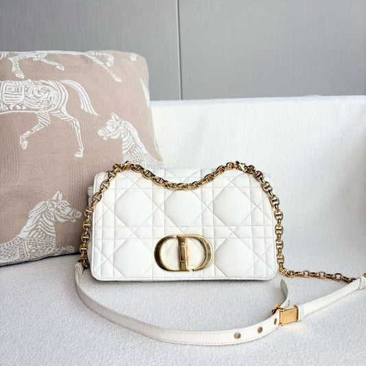 Dior - Caro Medium Chain Bag - Lambskin leather - White with Gold-Tone Hardware - (Medium)