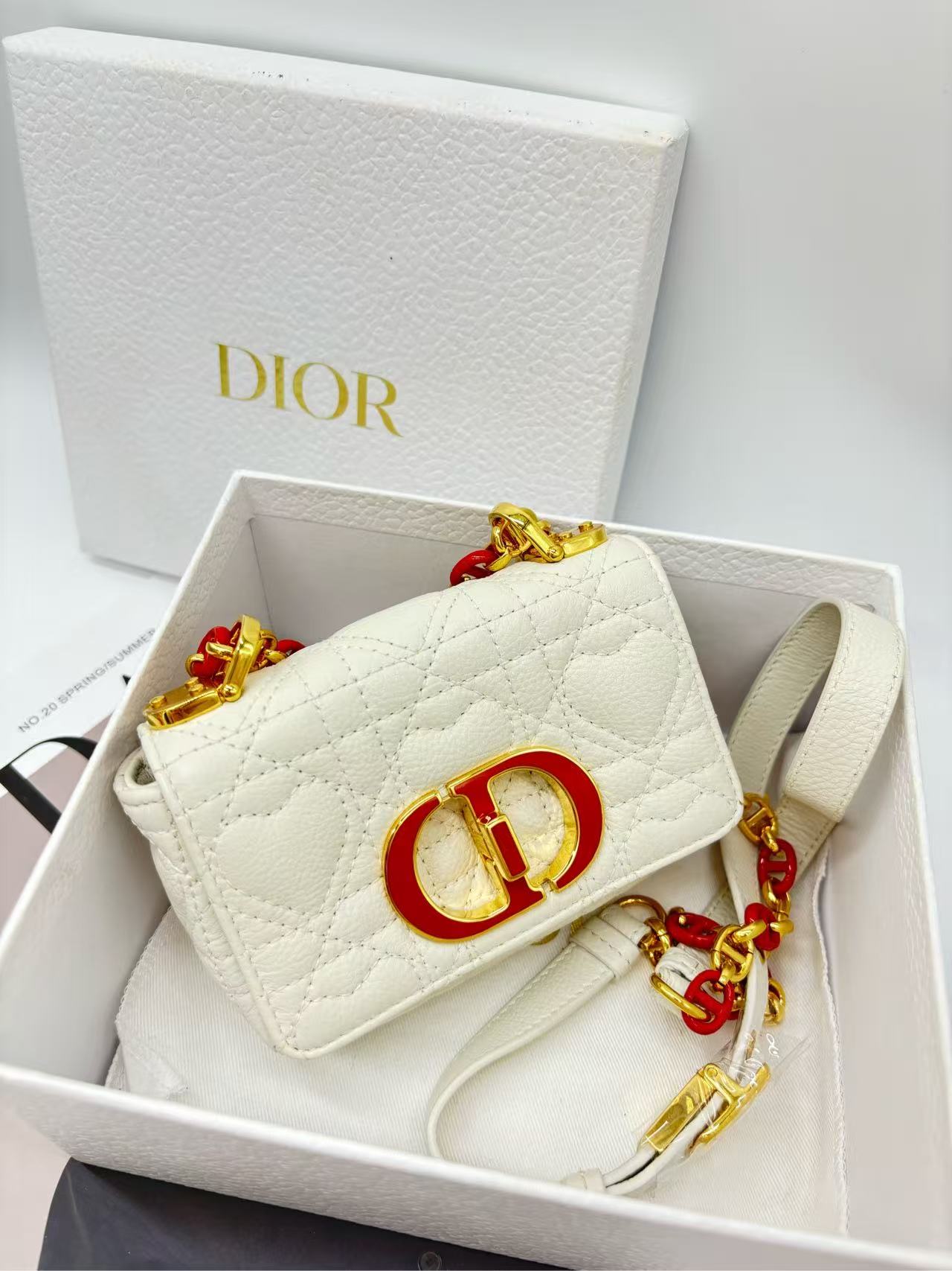 Dior - Caro Mini - Calfskin leather - White with Red and Gold-Tone Hardware - (mini)
