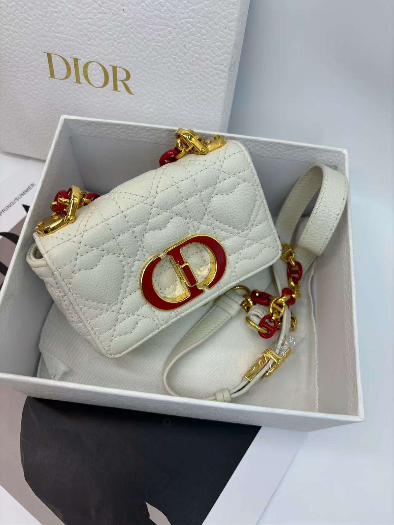 Dior - Caro Mini - Calfskin leather - White with Red and Gold-Tone Hardware - (mini)