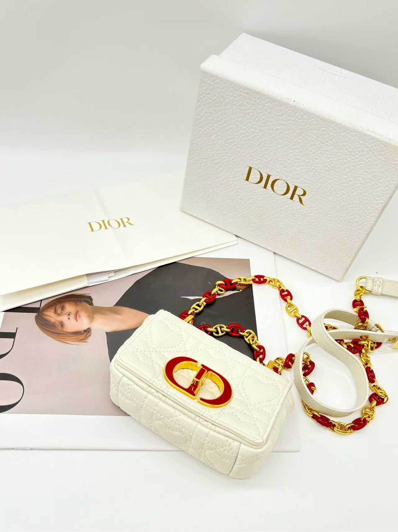Dior - Caro Mini - Calfskin leather - White with Red and Gold-Tone Hardware - (mini)