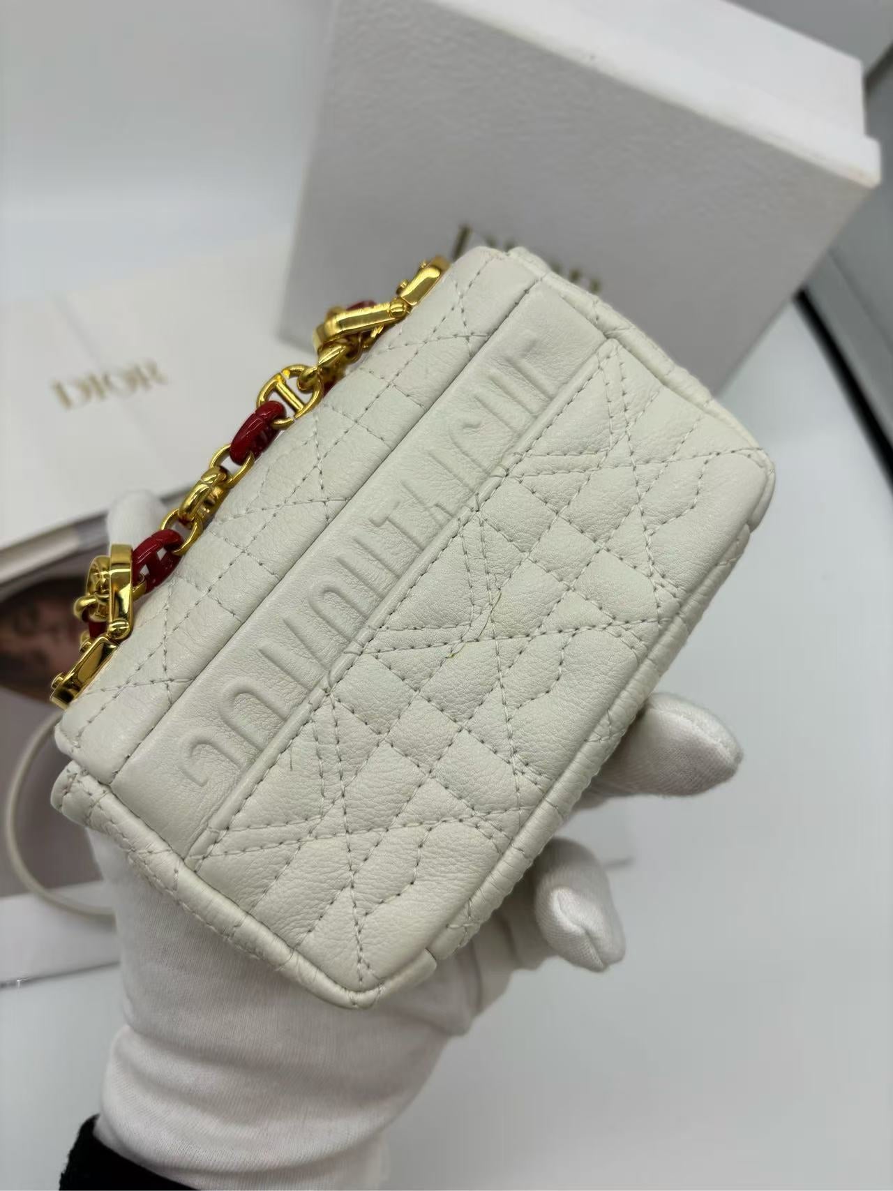Dior - Caro Mini - Calfskin leather - White with Red and Gold-Tone Hardware - (mini)