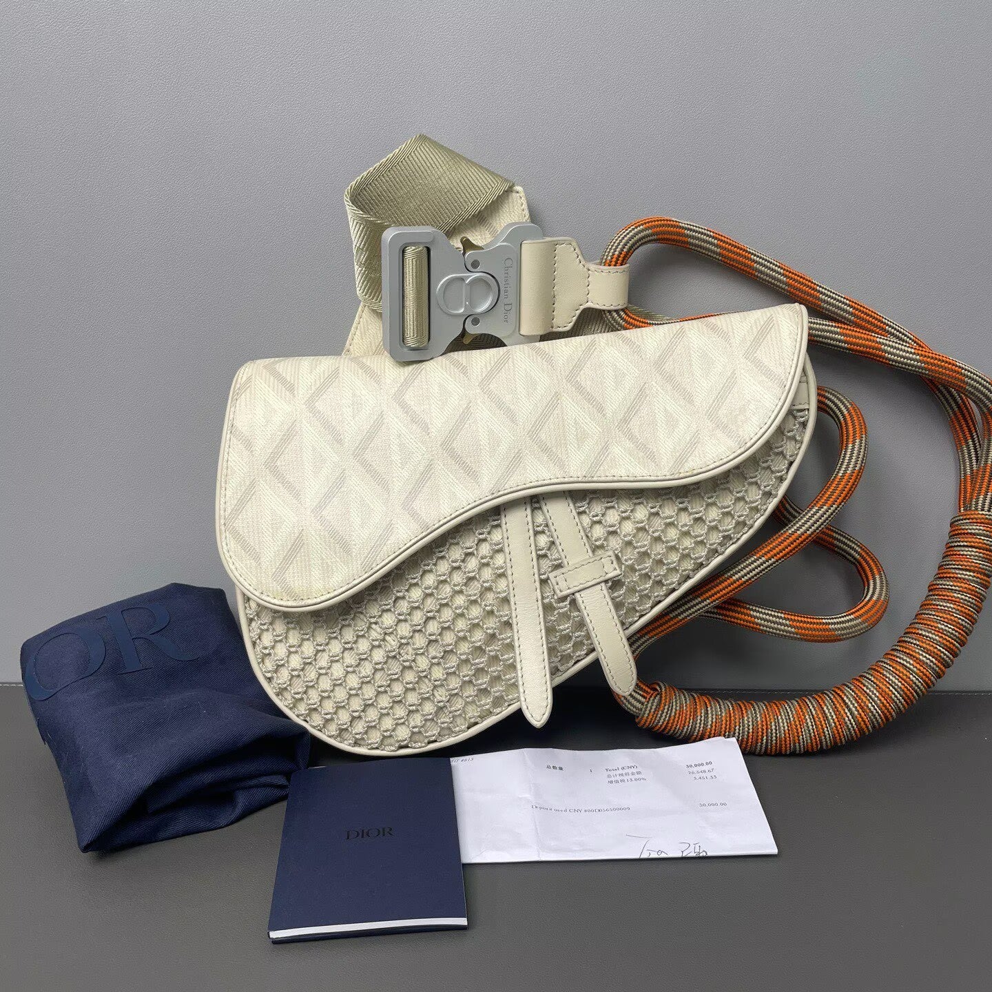Dior - CD Diamond Nautic Saddle Bag - CD Diamond canvas with leather trim and braided rope strap - Beige with Orange accents - (small)