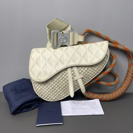 Dior - CD Diamond Nautic Saddle Bag - CD Diamond canvas with leather trim and braided rope strap - Beige with Orange accents - (small)
