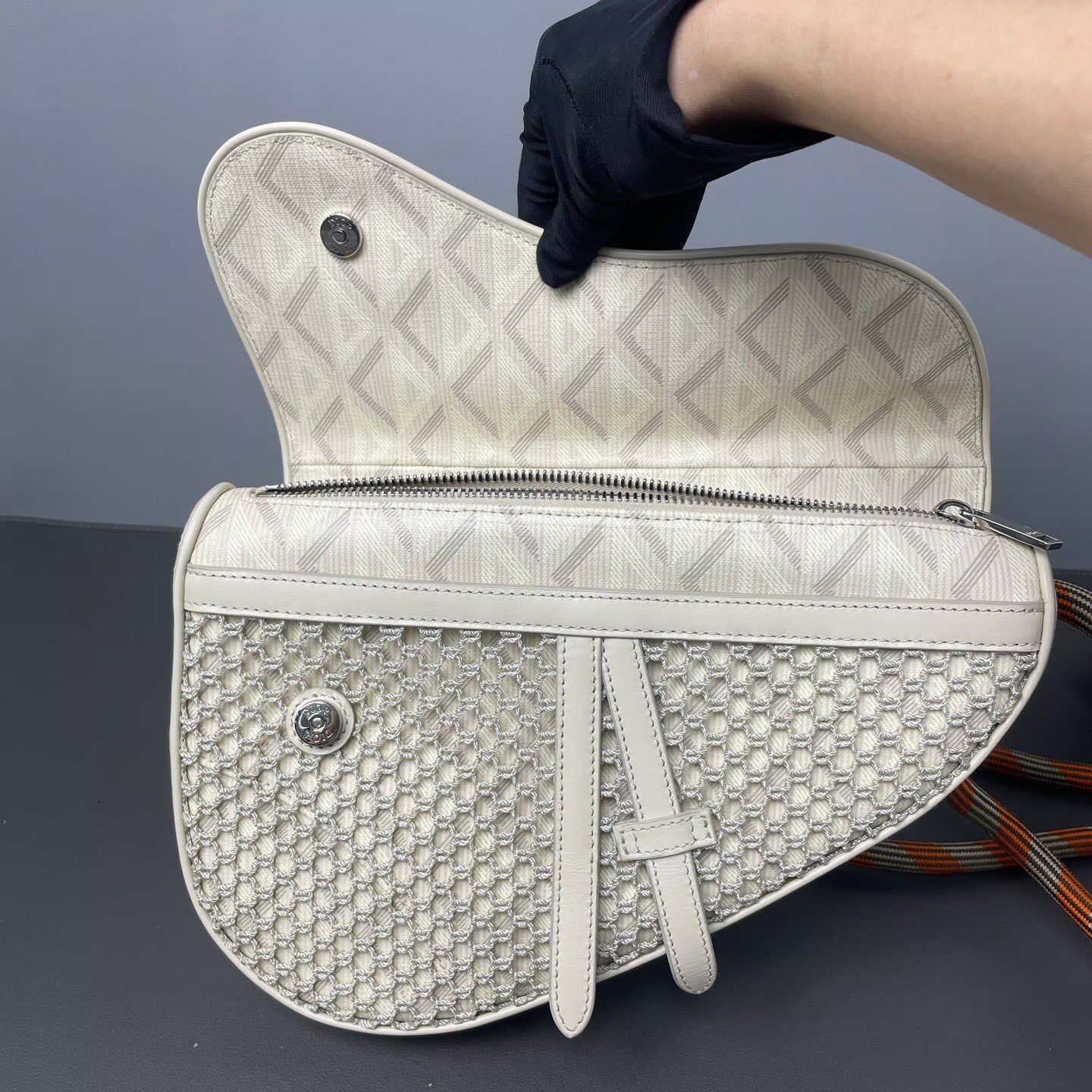 Dior - CD Diamond Nautic Saddle Bag - CD Diamond canvas with leather trim and braided rope strap - Beige with Orange accents - (small)