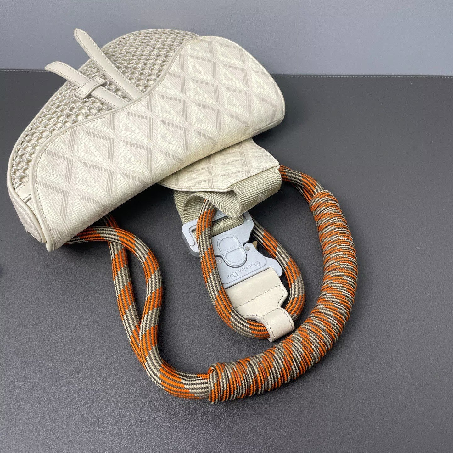 Dior - CD Diamond Nautic Saddle Bag - CD Diamond canvas with leather trim and braided rope strap - Beige with Orange accents - (small)