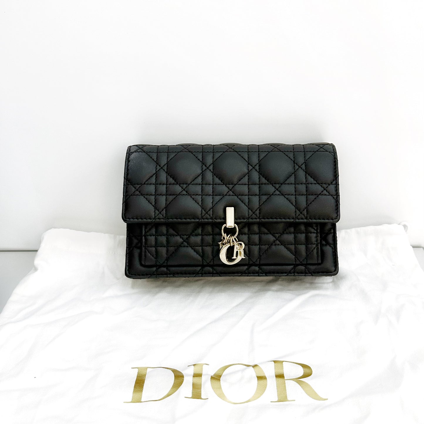 Dior - Dior Caro Chain Wallet - Lambskin leather - Black with Gold-Tone Hardware - (mini)