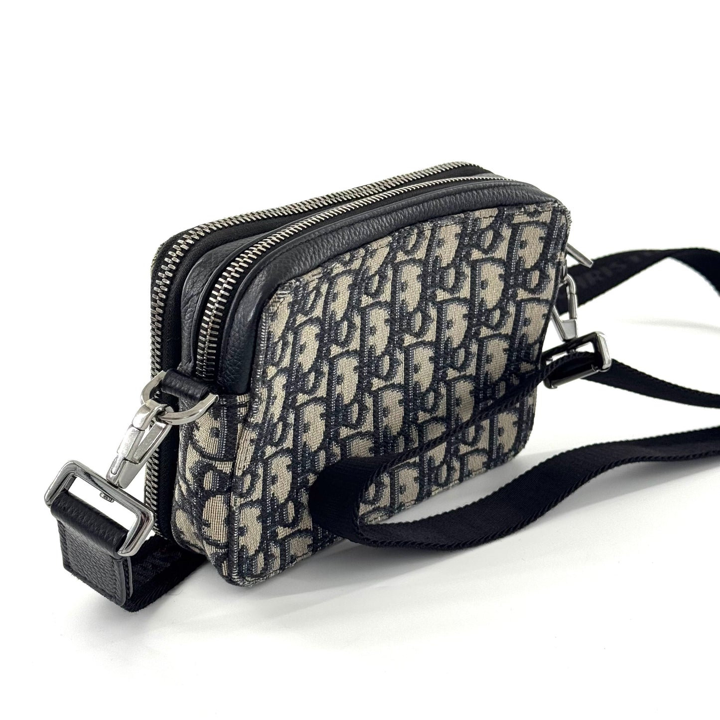 Dior - Dior Oblique Double Zip Box Bag - Embroidered canvas with leather trim - Multicolour (Beige and Navy) with Black - (mini)