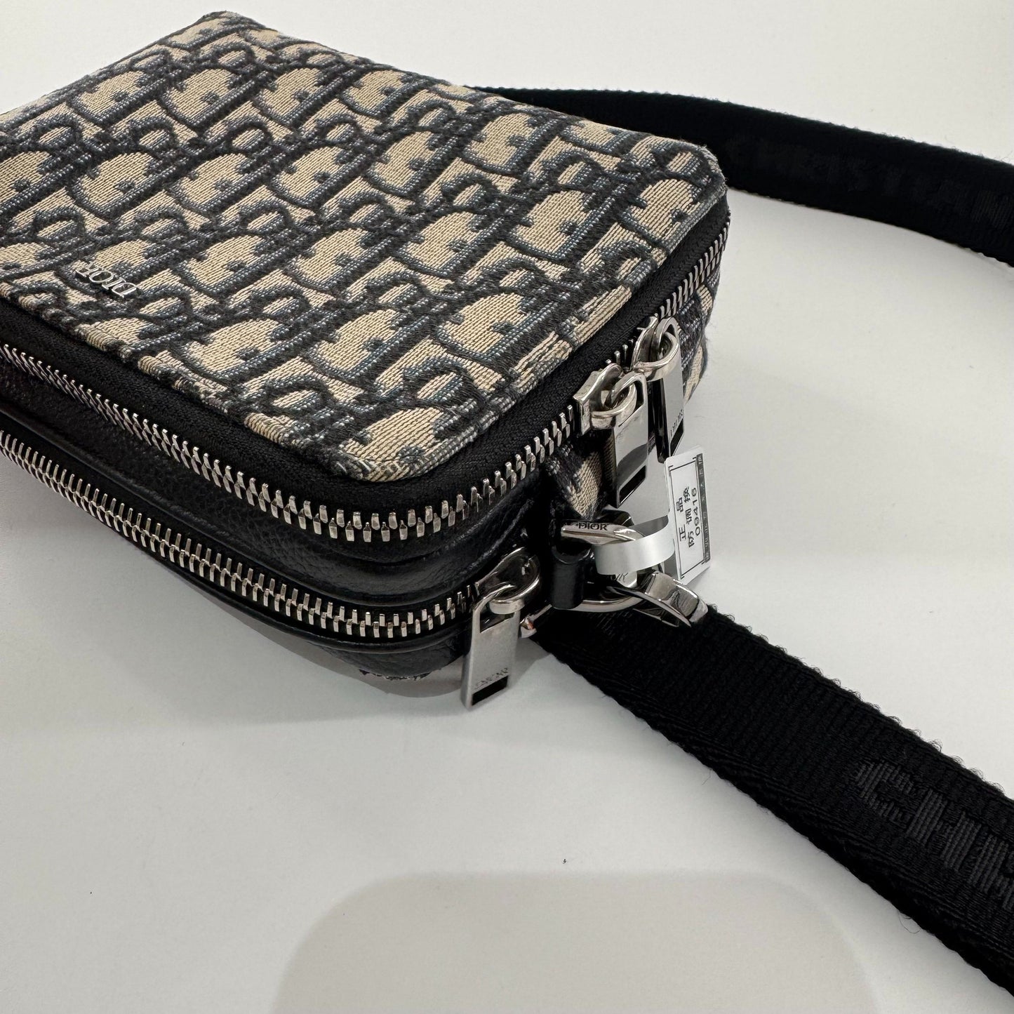 Dior - Dior Oblique Double Zip Box Bag - Embroidered canvas with leather trim - Multicolour (Beige and Navy) with Black - (mini)