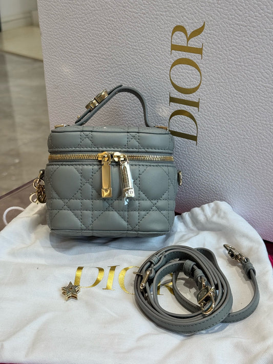 Dior - DiorTravel Vanity Case - Cannage-quilted lambskin leather - Blue-Grey with Gold-Tone Hardware - (mini)