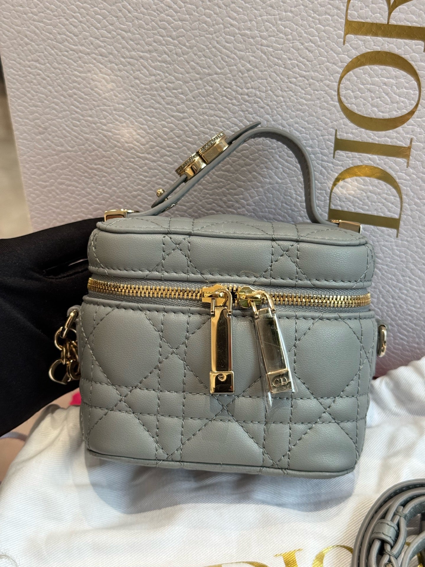 Dior - DiorTravel Vanity Case - Cannage-quilted lambskin leather - Blue-Grey with Gold-Tone Hardware - (mini)