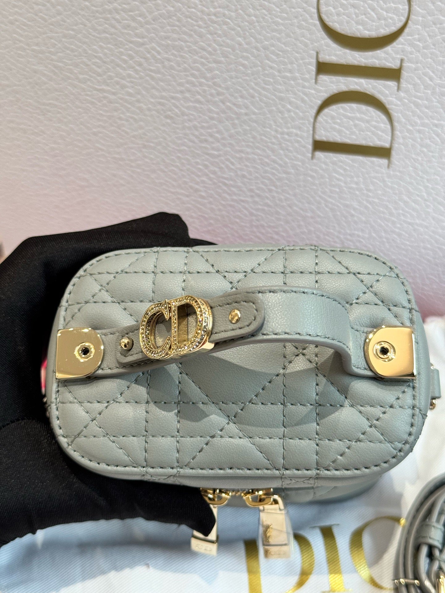 Dior - DiorTravel Vanity Case - Cannage-quilted lambskin leather - Blue-Grey with Gold-Tone Hardware - (mini)
