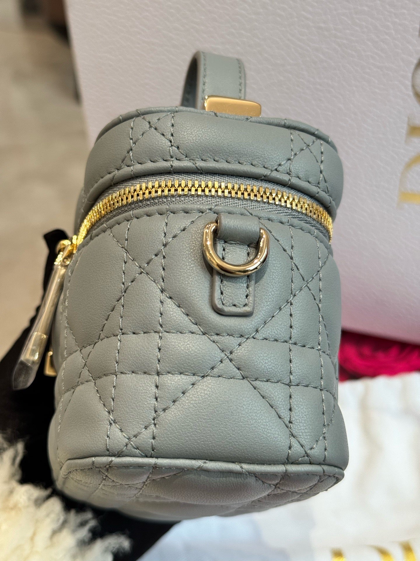 Dior - DiorTravel Vanity Case - Cannage-quilted lambskin leather - Blue-Grey with Gold-Tone Hardware - (mini)