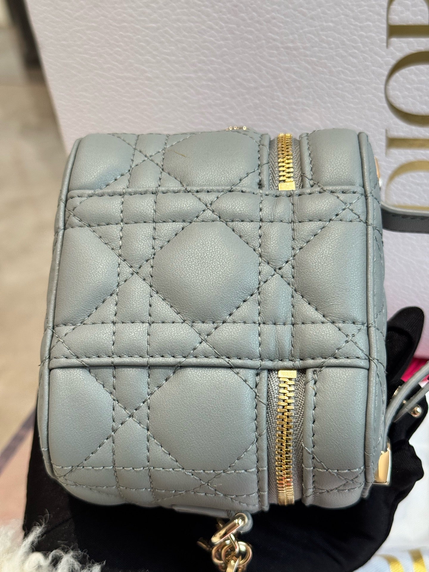 Dior - DiorTravel Vanity Case - Cannage-quilted lambskin leather - Blue-Grey with Gold-Tone Hardware - (mini)