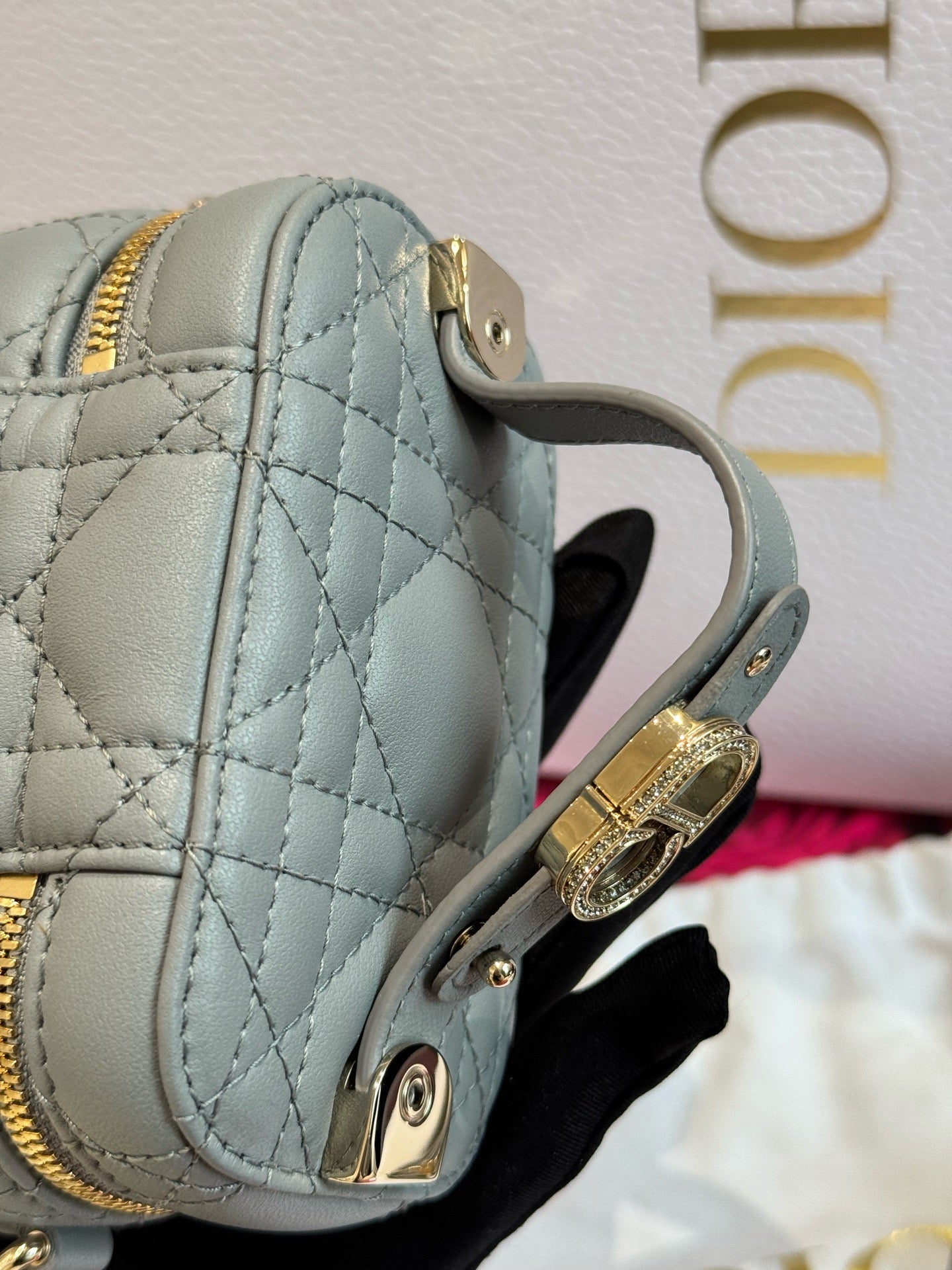 Dior - DiorTravel Vanity Case - Cannage-quilted lambskin leather - Blue-Grey with Gold-Tone Hardware - (mini)