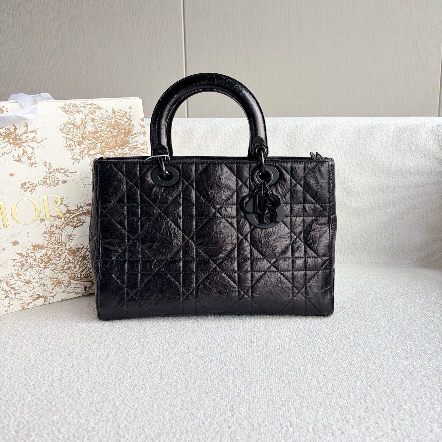 Dior - Lady D-Sire Medium - Crinkled waxed leather - Black - (Medium)