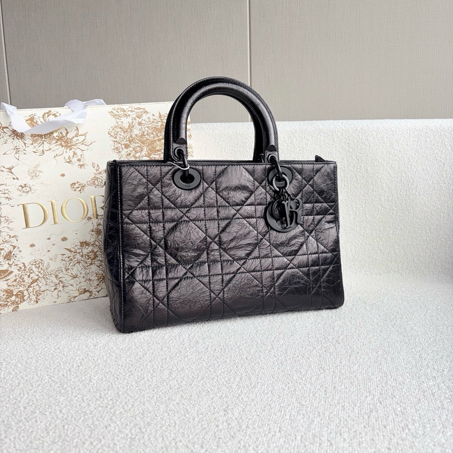 Dior - Lady D-Sire Medium - Crinkled waxed leather - Black - (Medium)