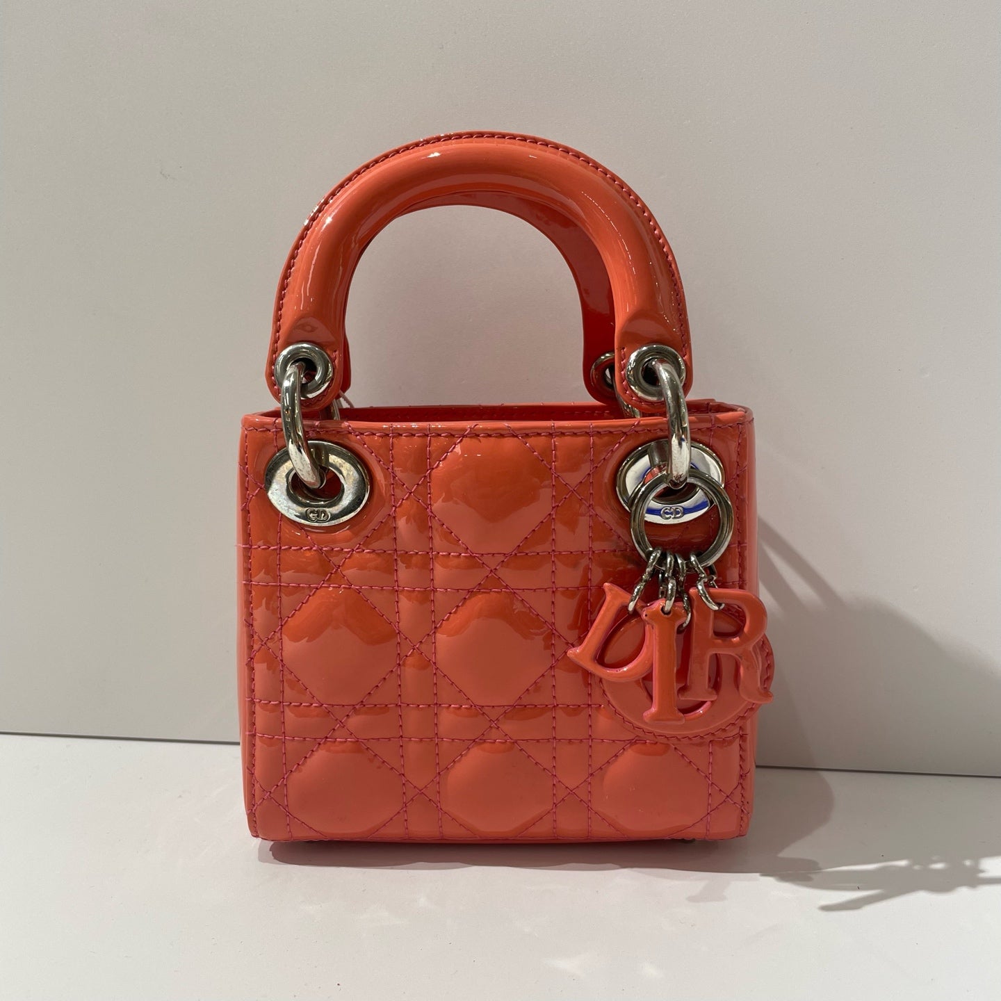 Dior - Lady Dior 3-Grid - Patent leather - Grapefruit Orange with Silver-Tone Hardware - (mini)