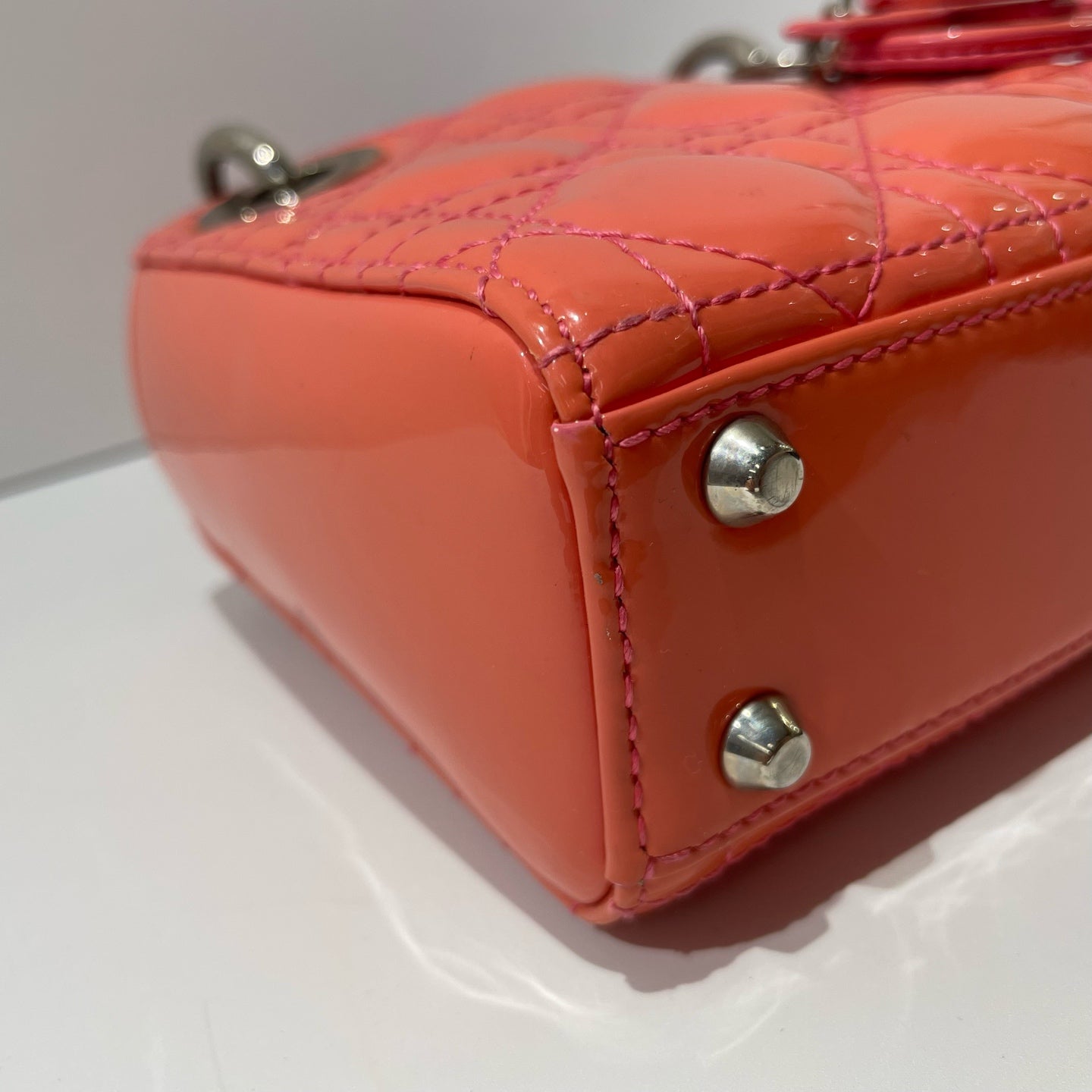 Dior - Lady Dior 3-Grid - Patent leather - Grapefruit Orange with Silver-Tone Hardware - (mini)