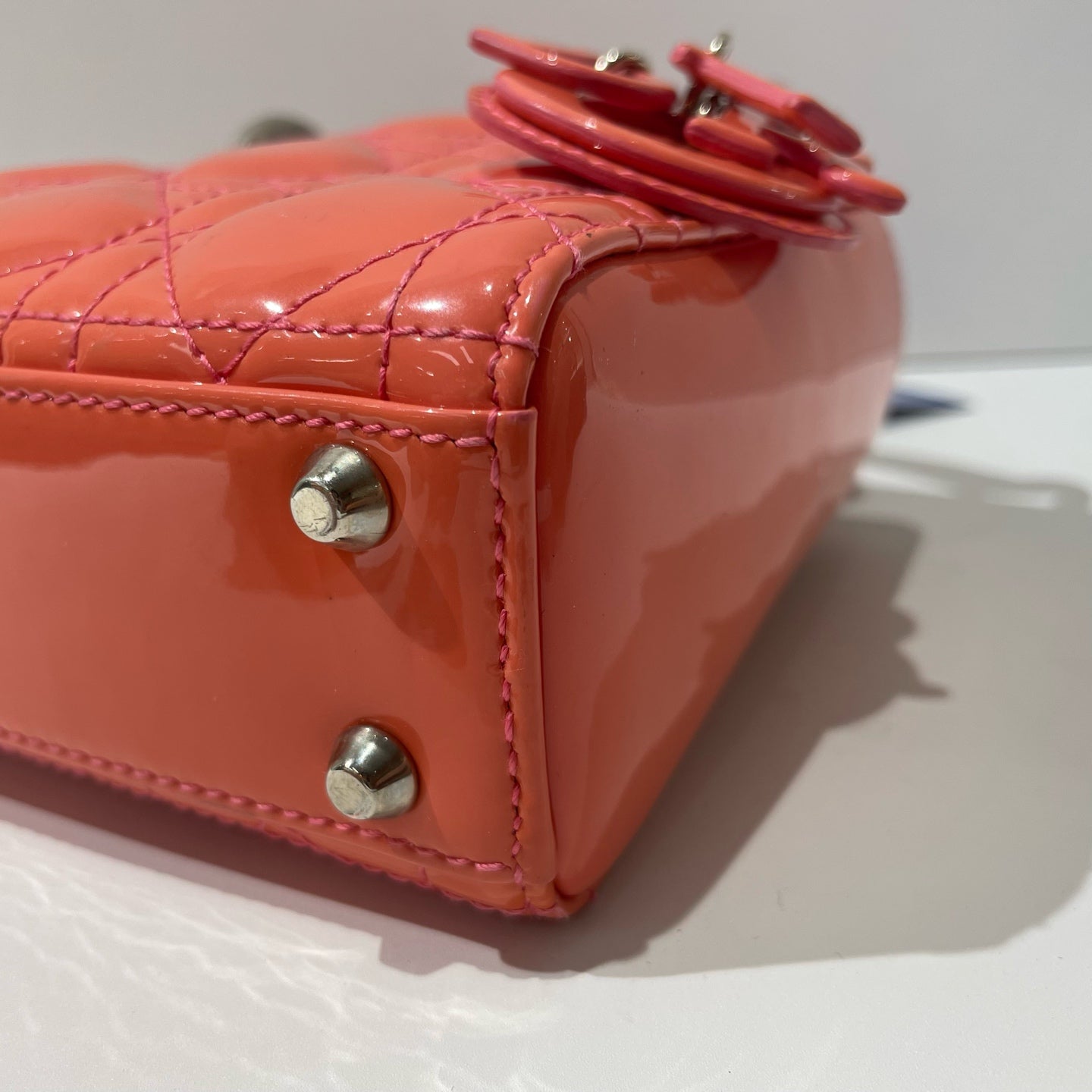 Dior - Lady Dior 3-Grid - Patent leather - Grapefruit Orange with Silver-Tone Hardware - (mini)