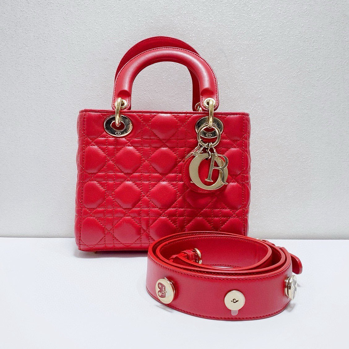 Dior - Lady Dior Bag - Lambskin leather - Red with Gold-Tone Hardware - (Small)