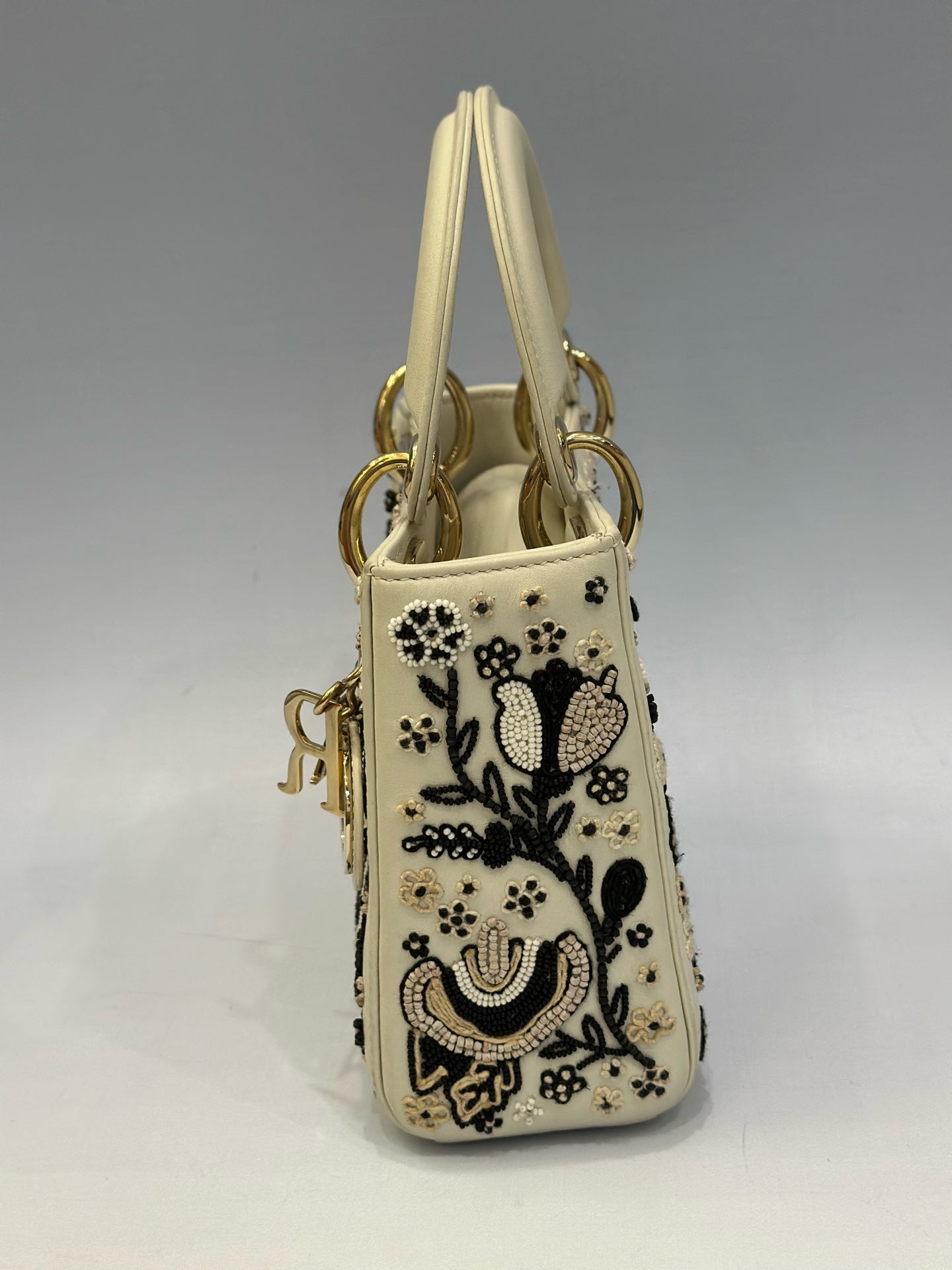 Dior - Lady Dior - Cowhide leather with bead embroidery - White with black and beige details - (Mini)